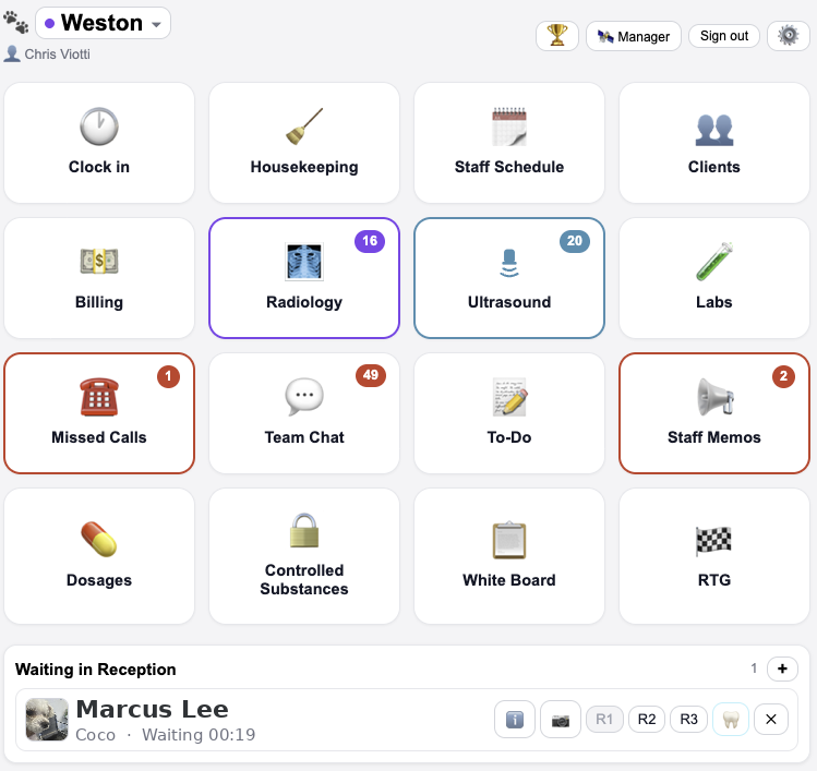 The DVMLog home screen: one dashboard with tiles for Clock in, Housekeeping, Staff Schedule, Clients, Billing, Radiology, Ultrasound, Labs, Missed Calls, Team Chat, To-Do, Staff Memos, Dosages, Controlled Substances, White Board, and RTG, plus a live Waiting in Reception queue