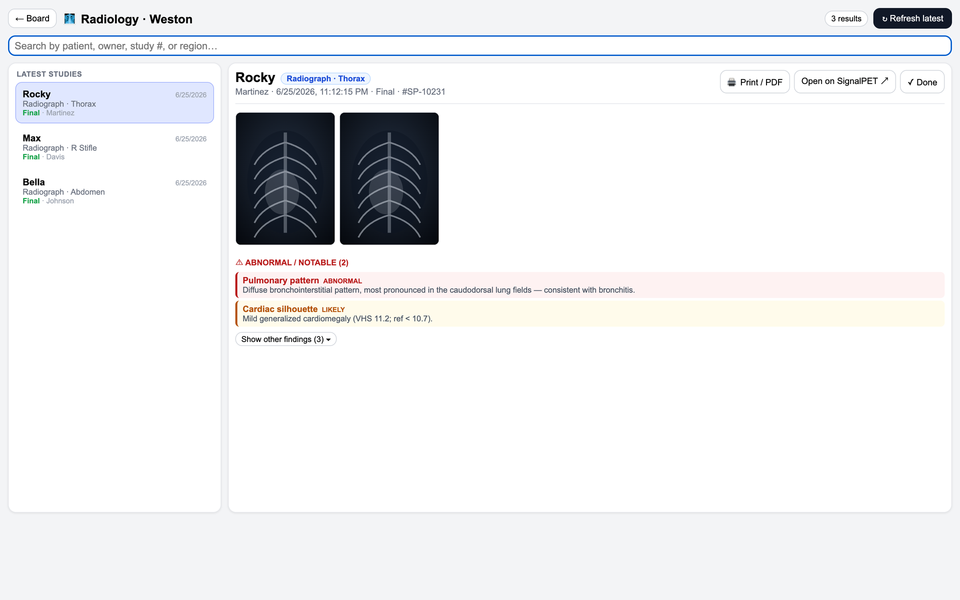 DVMLog radiology with AI-flagged findings